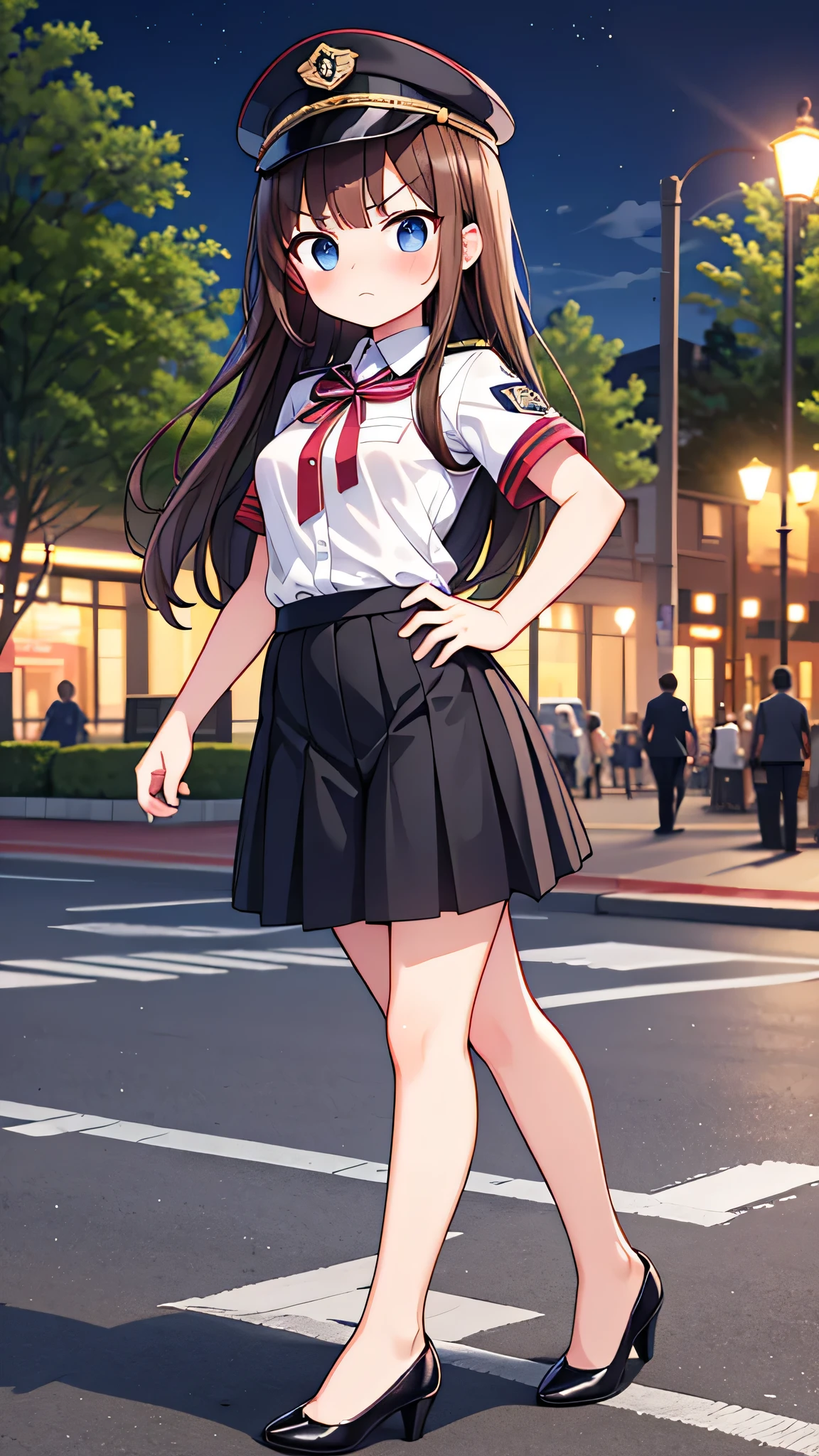 {Highest quality], [Super beautiful], [Ultra fine], [Best illustration], NSFW,Brown Hair, Hime cut, Long Hair, With bangs, girl, Uniform cap,Security uniform,Angry face,blush, Slender women,Short sleeve,Long straight skirt, Adult women,Strike a Pose,(Public）Night Park, diagonal,Bare feet and pumps, Plain black pumps
