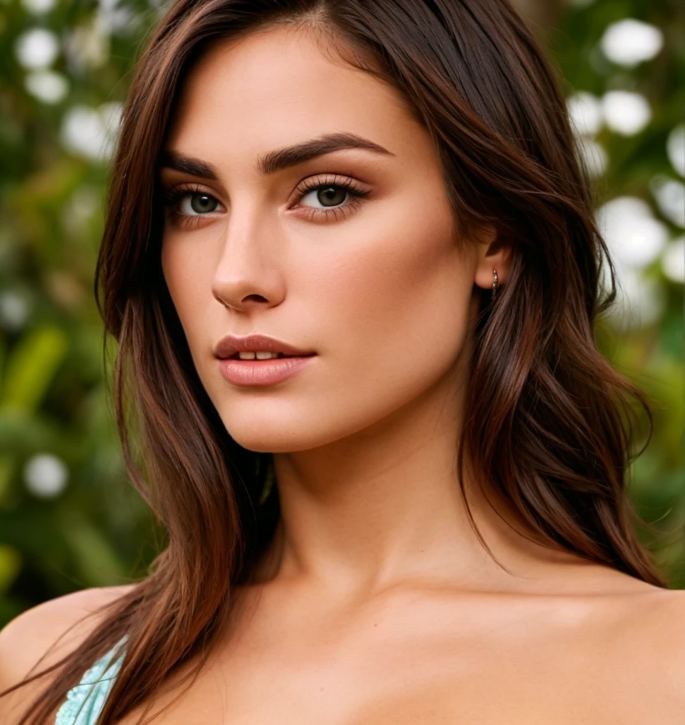 Very Beau brunette with striking Characteristics of the'espagnol latin, longs cheveux noirs, at the swimming pool, Characteristics of the'espagnol latin, yeux verts grands et brillants, Beau, elle a 33 ans (( Ages)) taking a selfie in a light floral dress in summer in Spain, impeccable beauty, natural beauty