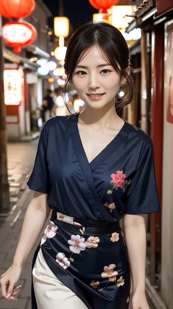 Japanese women、One person、Living in 昔のChinatown、Chinese style hair、Laughing with your mouth open、Short sleeve blue cheongsam、Sexy pose、Very short、Old town、Chinatown at night、The lighting is bright、
