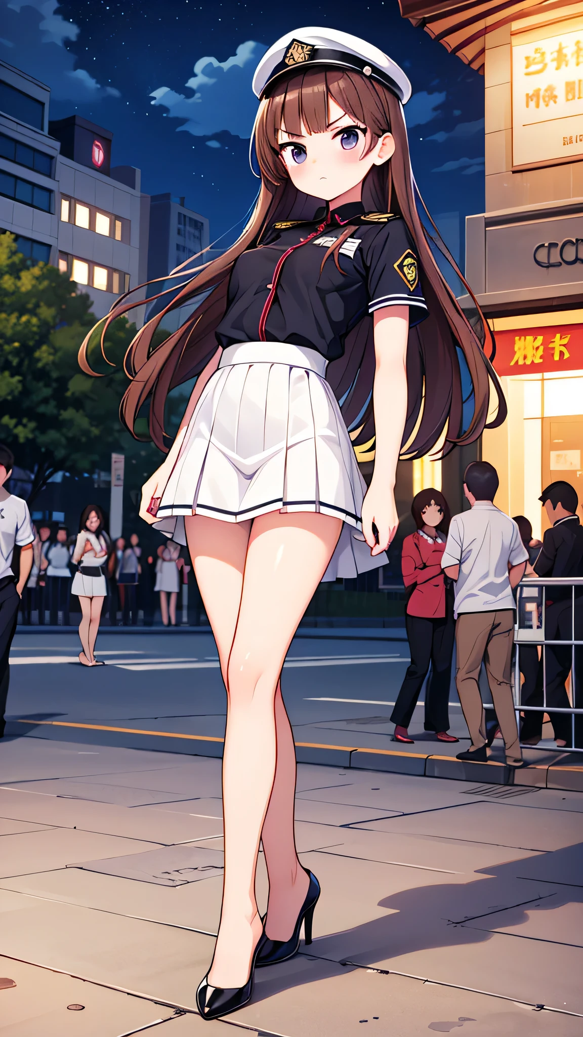 {Highest quality], [Super beautiful], [Ultra fine], [Best illustration], NSFW,Brown Hair, Hime cut, Long Hair, With bangs, girl, Uniform cap,Security uniform,Angry face,blush, Slender women,Short sleeve,Long straight skirt, Adult women,Strike a Pose,(Public）Night Park, diagonal,Bare feet and pumps, Plain black pumps
