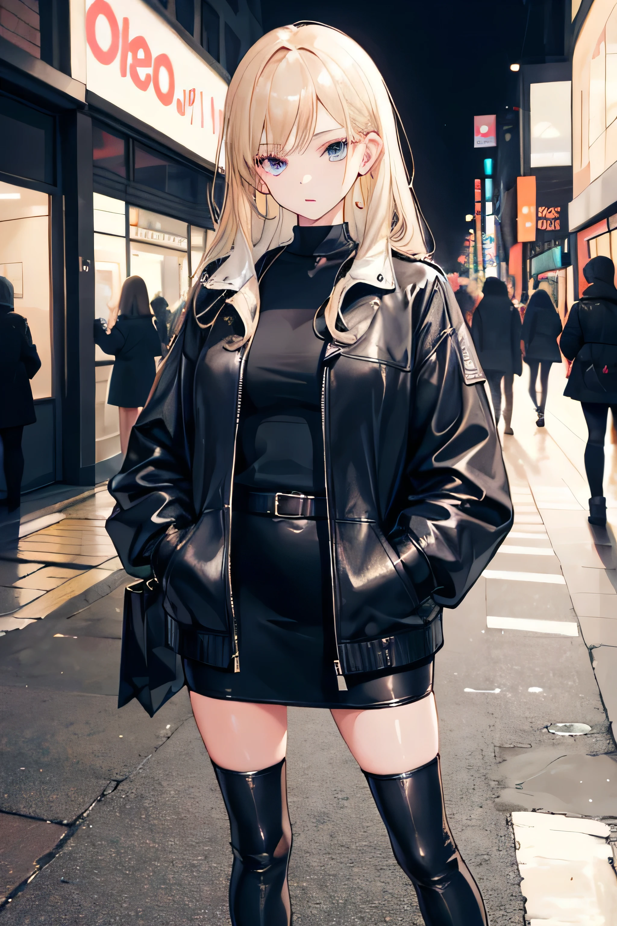 An 18-year-old girl walking through a shopping district at night, Highest quality, masterpiece, High resolution, Very detailed, Fine skin, Complex eyes, Accurate and perfect anatomy, High heel boots, Bare thighs, Black Pencil Skirt, She is wearing a black jacket over a white blouse, The jacket is open in the front, You have your hands in your jacket pockets., Chewing gum, 