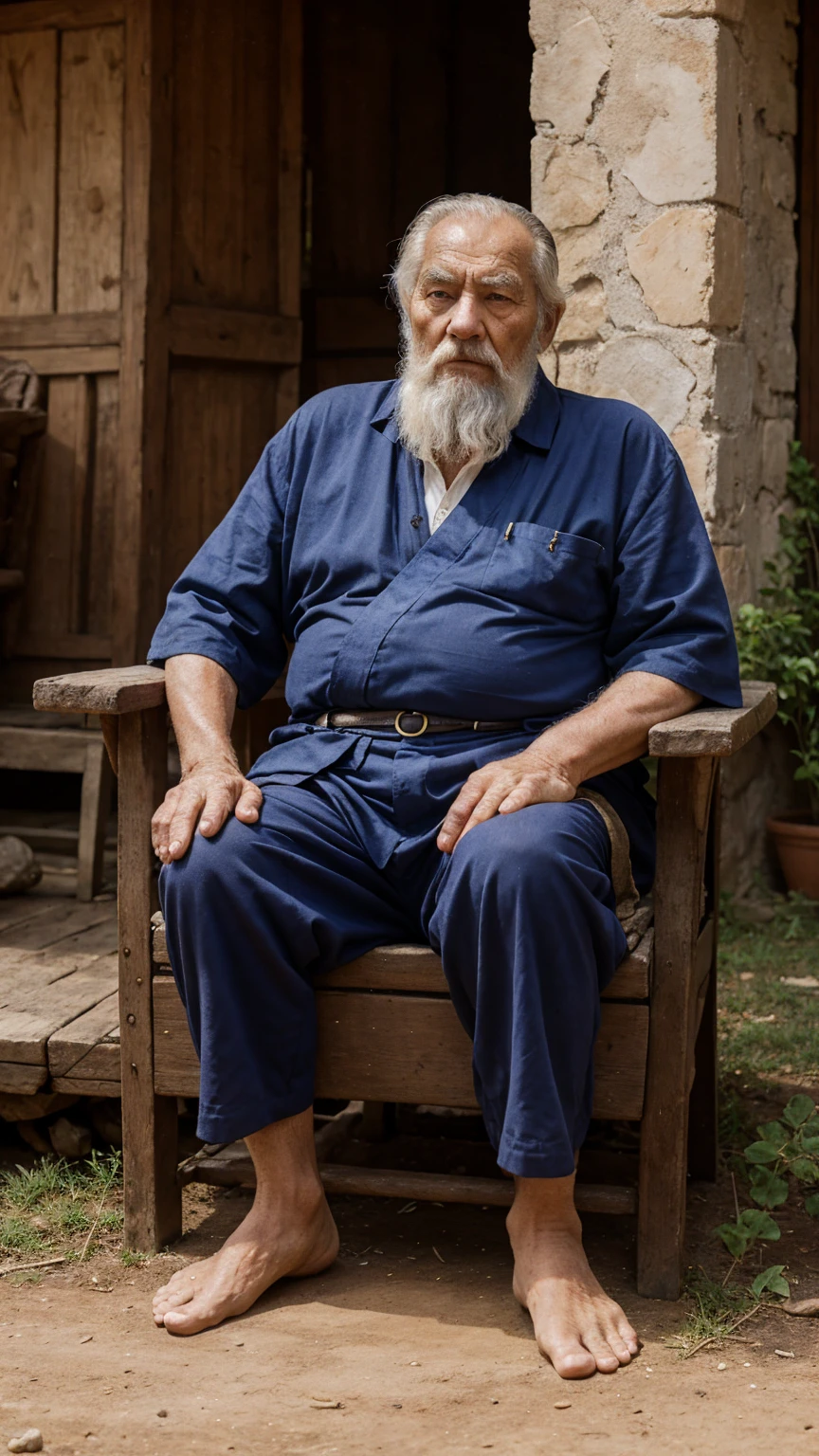 Headshot of a wise old man sat under a shady tree, observing the world around him, It was then that he noticed a tiny ant carrying a massive burden on its back, the wise old man praise the ant, 4k realistic imagery, blue scenery like a movie scene, old american setting, inspired by blade runner movie scene, blue tone,