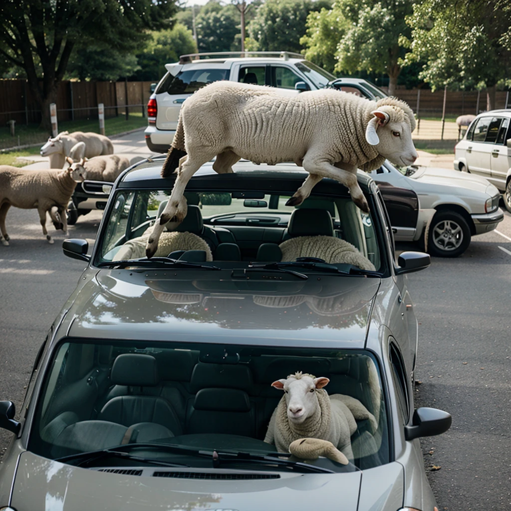 sheep driving a car