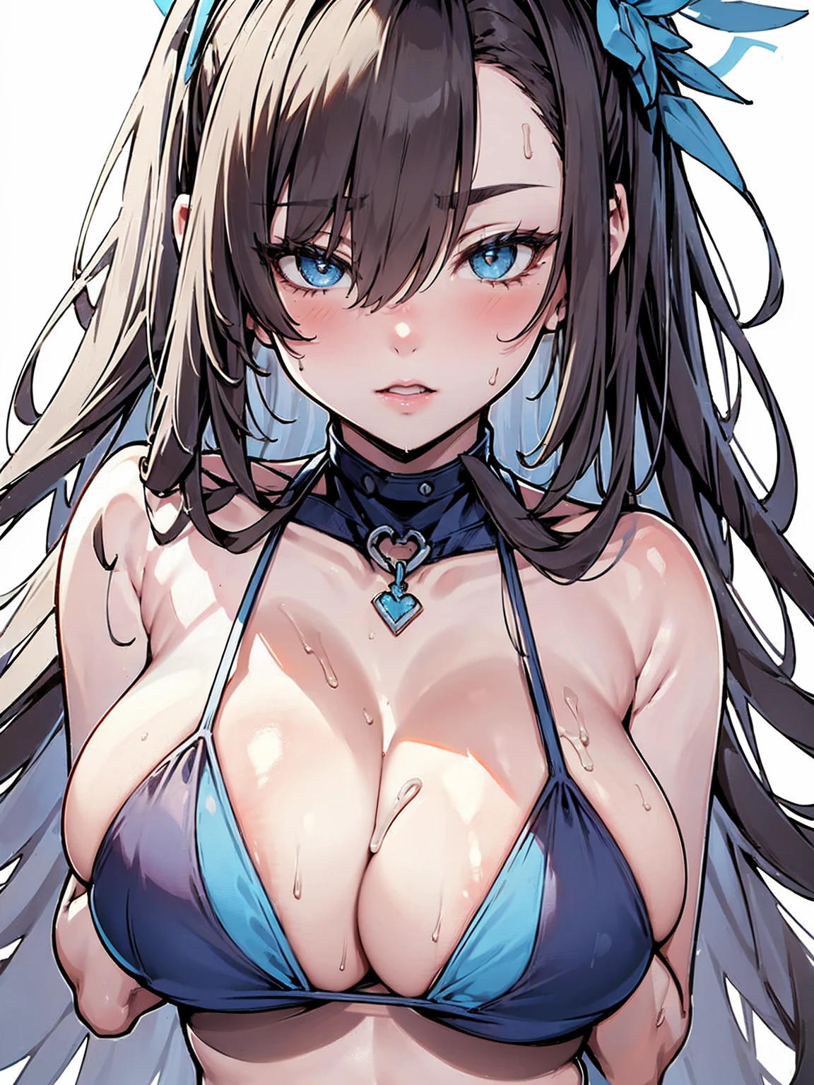 breast grab:1.2, Bust Shot, ((Big Breasts)), Cleavage, Massive, huge breasts, blush:1.2, Sweat:1.2, Dark blue bikini, Soft breast texture,   heavy breathm:1.2, masterpiece, Detailed depiction of eyes, Big eyes, Highest quality, 8k,(white background), love, like