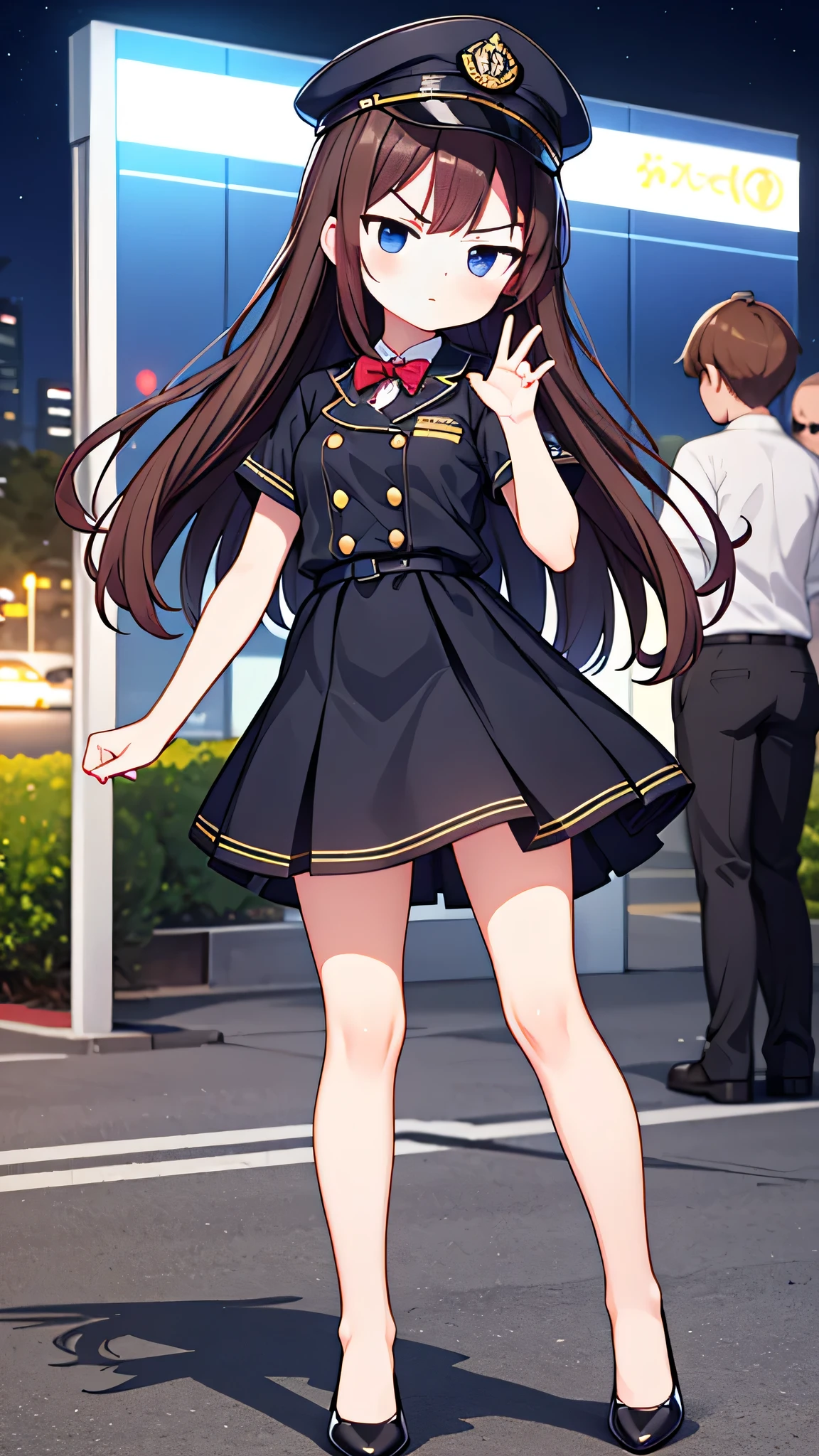 {Highest quality], [Super beautiful], [Ultra fine], [Best illustration], NSFW,Brown Hair, Hime cut, Long Hair, With bangs, girl, Uniform cap,Security uniform,Angry face,blush, Slender women,Short sleeve,Long straight skirt, Adult women,Strike a Pose,(Public）Night Park, diagonal,Bare feet and pumps, Plain black pumps
