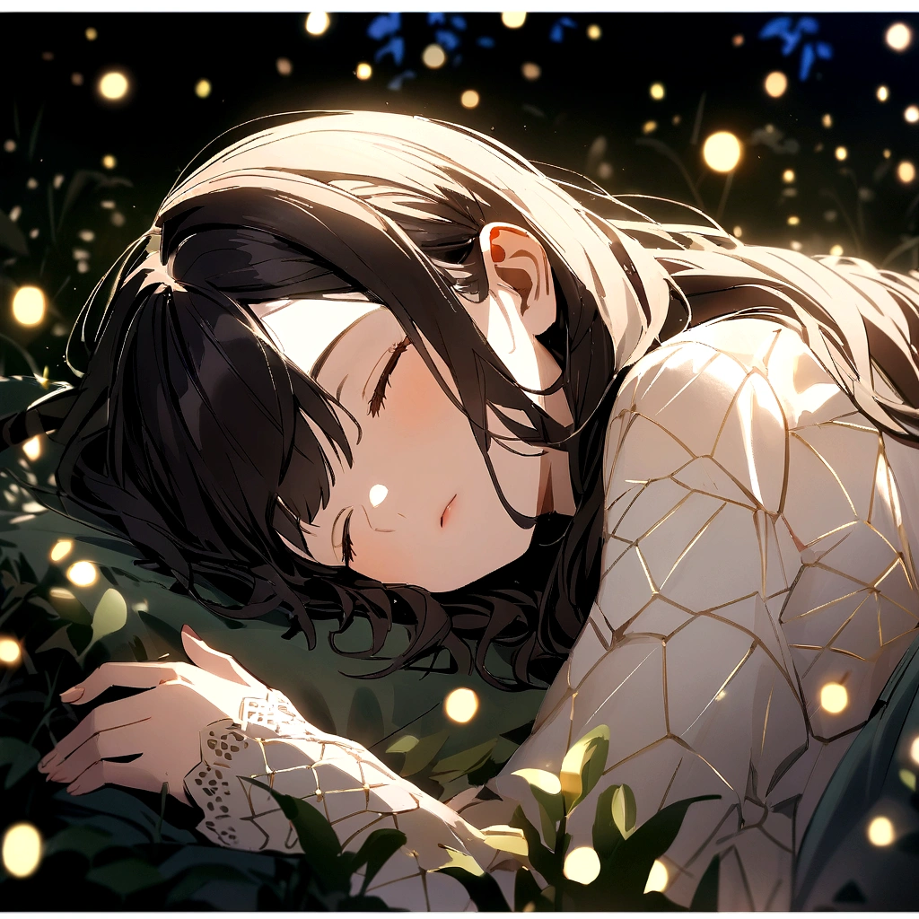 Close up view of a beautiful age girl sleeping peacefully in a fantasy bed lit by the gentle glow of fireflies. Canon EOS R6 Mark II、It captures the intricate details of her serene expression as she rests in the ethereal surroundings.. Fireflies create a magical atmosphere, Their soft glow、Casts a mesmerizing pattern on the girl's features and surroundings. Sigma 50mm f/1.4 DG HSM Art Lens、Guaranteed high resolution and flawless clarity, Bring out the photorealistic qualities of your scenes.