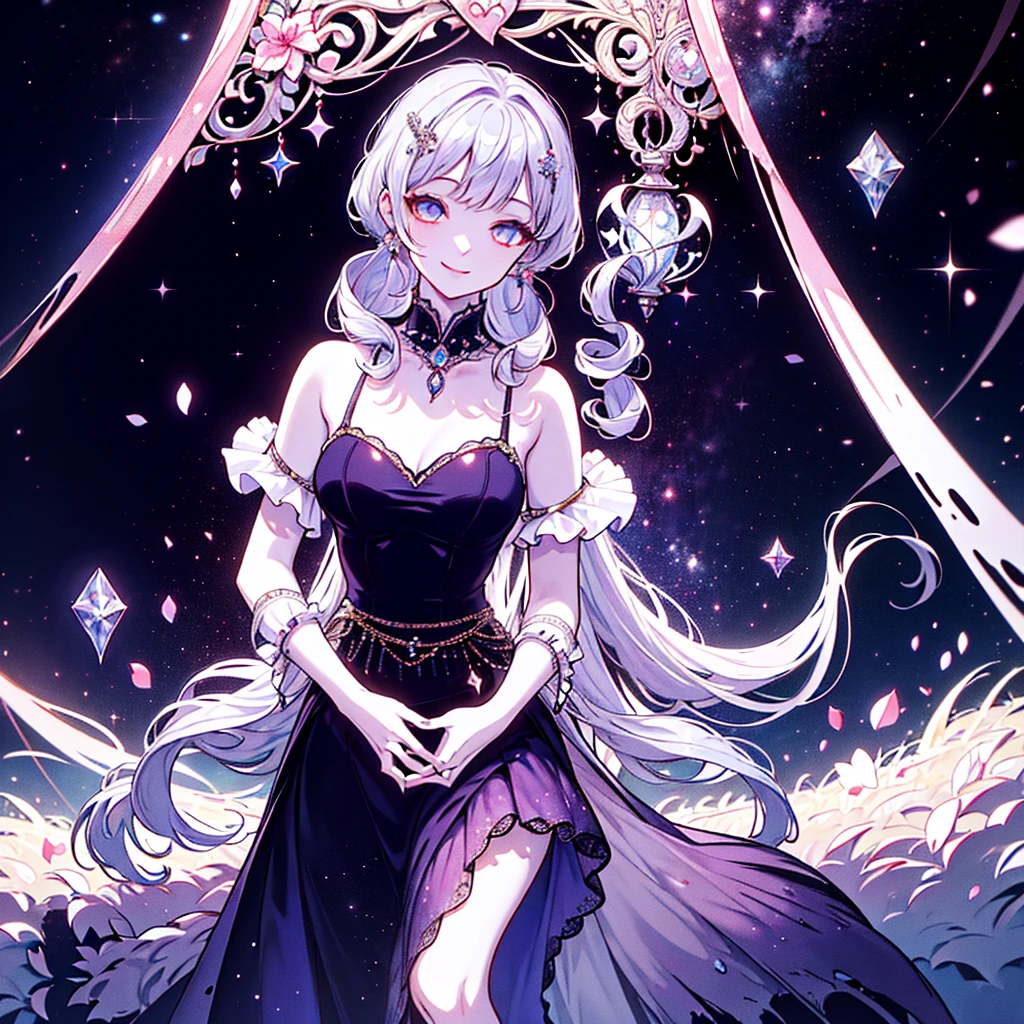 ((masterpiece)), ((best quality)), ((high detail)), ((realistic)), Dramatic composition, court-style dresses, royal, gorgeous, cascading frills, ruffles, bows, crystal chandeliers, Roman curly hairstyles, ponet, double ponytails like drills, look at the camera, bangs, maximalism, palatial background, delicate portrayal of hair and eyes, princess dresses, gorgeous skirts, flowers in hand, smiles, starry eyes, cinematic light, extreme detail, high definition, happy girl, very long hair, diamonds, broken diamonds, crystal fragments, light particles