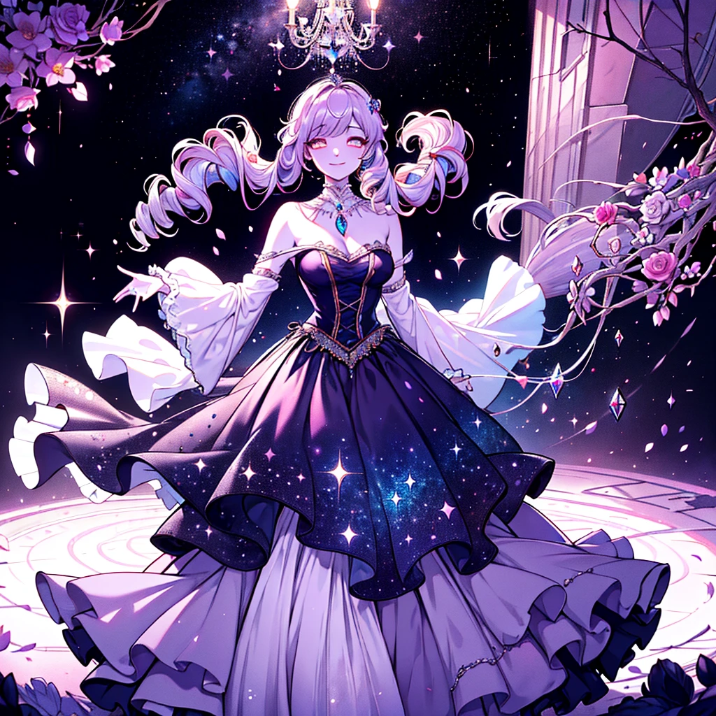 ((masterpiece)), ((best quality)), ((high detail)), ((realistic)), Dramatic composition, court-style dresses, royal, gorgeous, cascading frills, ruffles, bows, crystal chandeliers, Roman curly hairstyles, ponet, double ponytails like drills, look at the camera, bangs, maximalism, palatial background, delicate portrayal of hair and eyes, princess dresses, gorgeous skirts, flowers in hand, smiles, starry eyes, cinematic light, extreme detail, high definition, happy girl, very long hair, diamonds, broken diamonds, crystal fragments, light particles