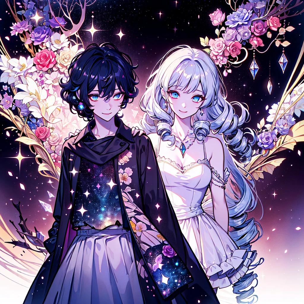 ((masterpiece)), ((best quality)), ((high detail)), ((realistic)), Dramatic composition, court-style dresses, royal, gorgeous, cascading frills, ruffles, bows, crystal chandeliers, Roman curly hairstyles, ponet, double ponytails like drills, look at the camera, bangs, maximalism, palatial background, delicate portrayal of hair and eyes, princess dresses, gorgeous skirts, flowers in hand, smiles, starry eyes, cinematic light, extreme detail, high definition, happy girl, very long hair, diamonds, broken diamonds, crystal fragments, light particles