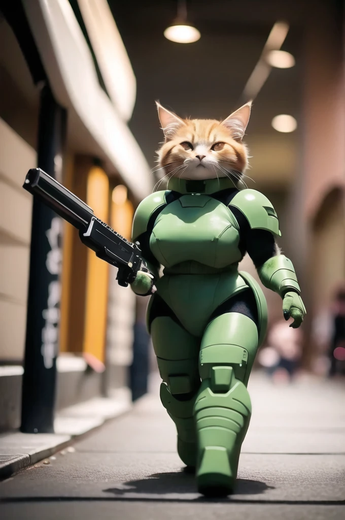 A 21 year old、Strong build、Wearing《Doom》Green Doom Marine armor、Full breasts、Strong female orange cat holding a giant futuristic rifle，Walking on the street