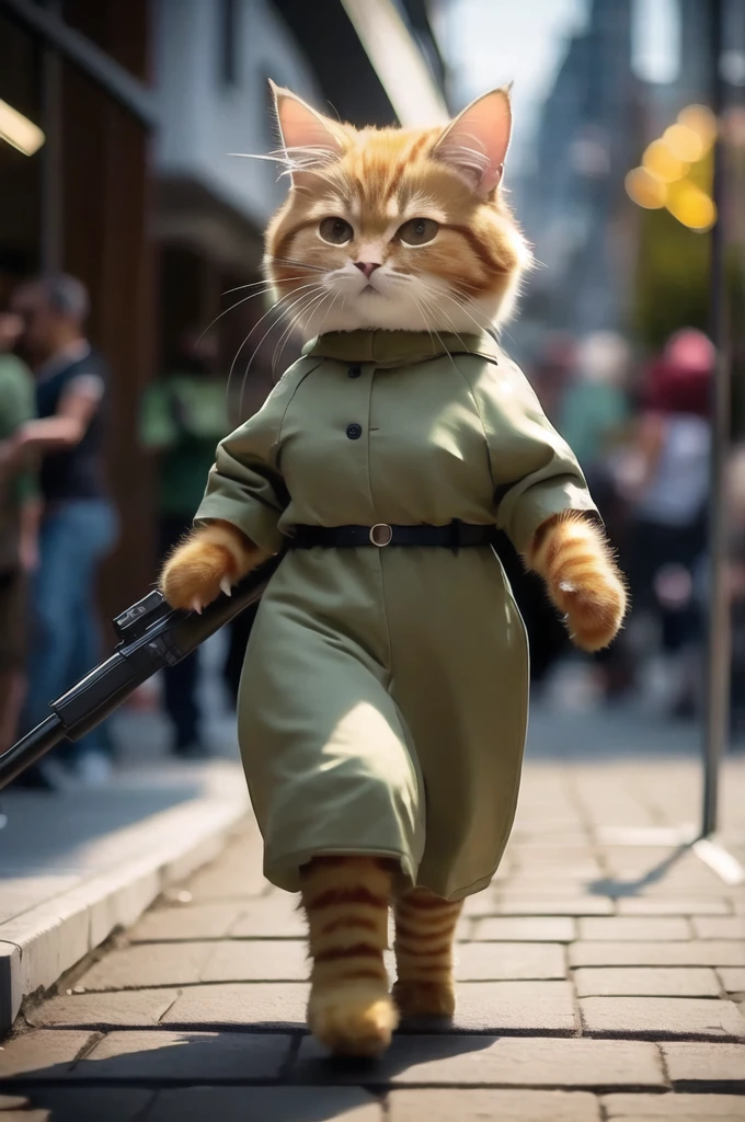 A 21 year old、Strong build、Wearing《Doom》Green Doom Marine armor、Full breasts、Strong female orange cat holding a giant futuristic rifle，Walking on the street