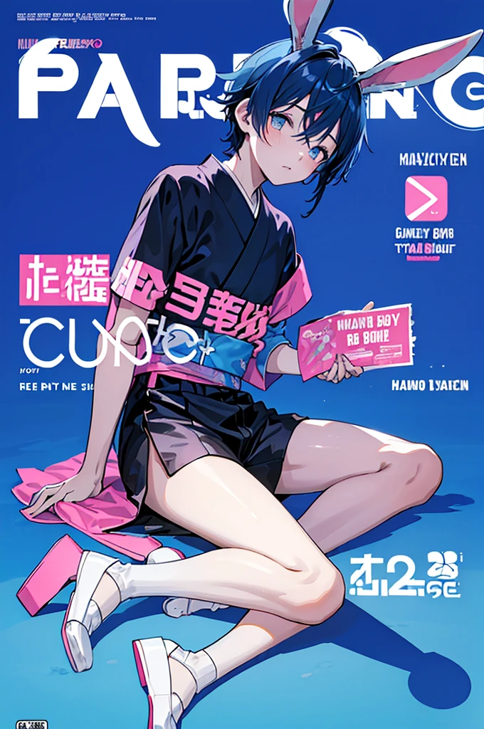 masterpiece, best quality, full body, (1boy), blue hair, rabbit ears, playboy bunny, (Boy Messy Japanese Round Haircut for Thick Hair), (blue hair), black shorts, ((solo)), (magazine:1.3), (cover-style:1.3), fashionable, (Pink Background), bright colors