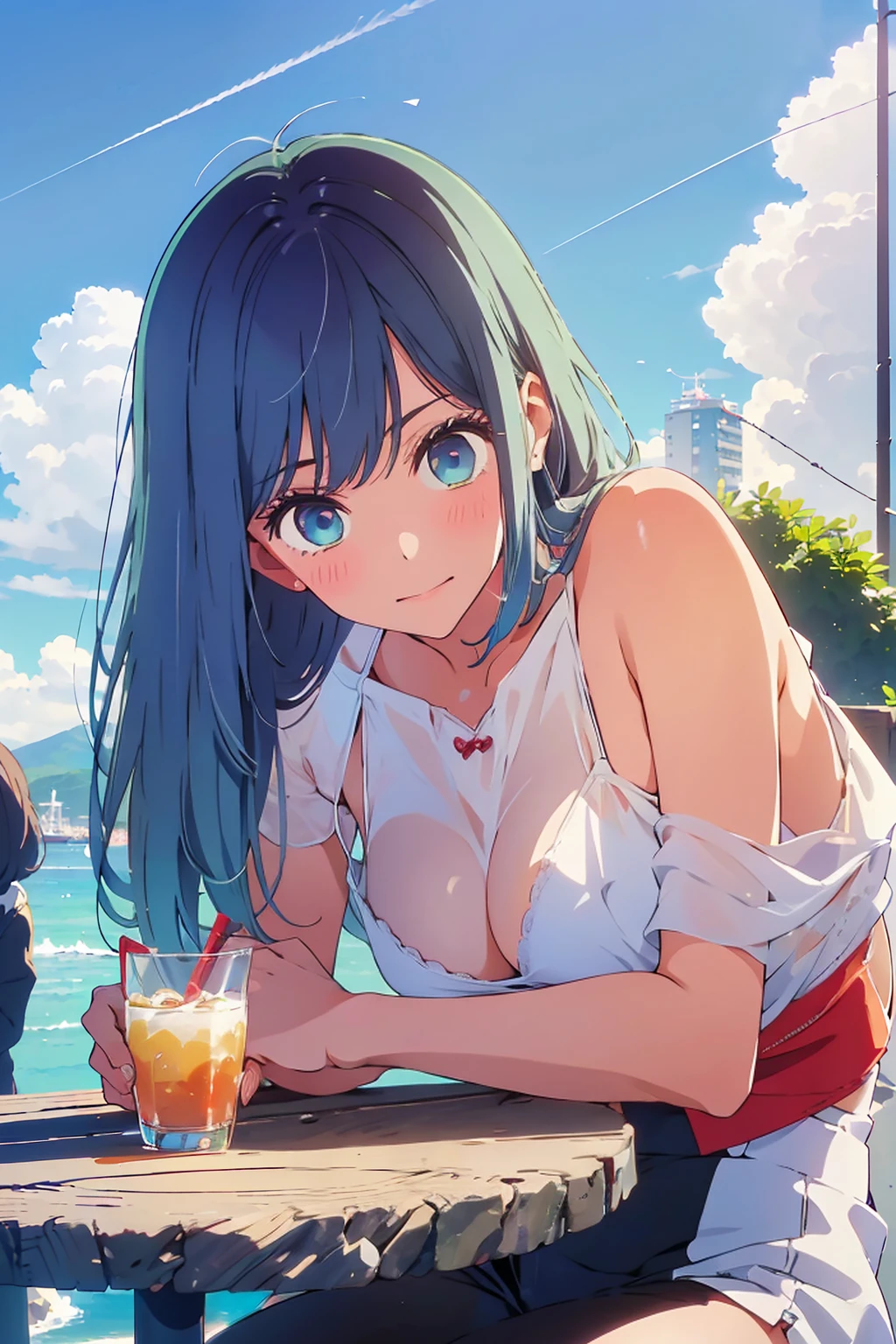 Highest quality,8k,detailed,F cup bust、Big Breasts、Slim and beautiful arms、Slim body、Very white beautiful skin、((((1 person、smile、Thin white bikini、smile、sit、In the background are the urban buildings of Tokyo、Outdoor café terrace、Drink juice、Cheek resting on hand、coastal、table、looking at the camera、Shooting from an angle、Very cute face、Shooting from a distance))))、Very blue sky、A completely cloudless sky、She tilted her head slightly、The atmosphere is bright and lively、The woman is at the center of the image。