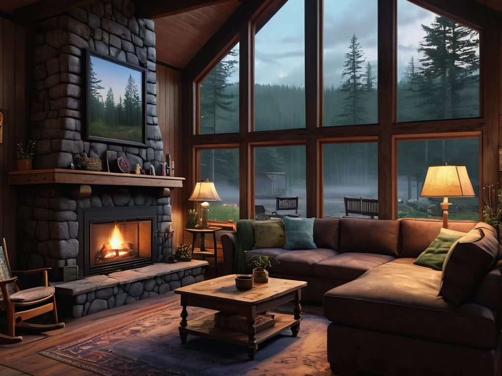 there is a fireplace in a living room with a couch and a table, a detailed matte painting inspired by Gregory Crewdson, trending on polycount, digital art, cabin in the woods, cozy place, inside of a cabin, in a cabin, picture inside covens den, cottagecore hippie, large windows to forest at night, cottagecore