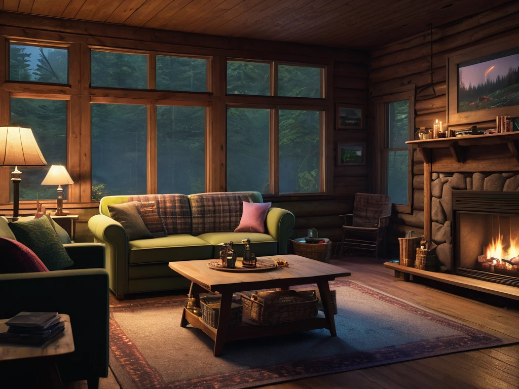 there is a fireplace in a living room with a couch and a table, a detailed matte painting inspired by Gregory Crewdson, trending on polycount, digital art, cabin in the woods, cozy place, inside of a cabin, in a cabin, picture inside covens den, cottagecore hippie, large windows to forest at night, cottagecore