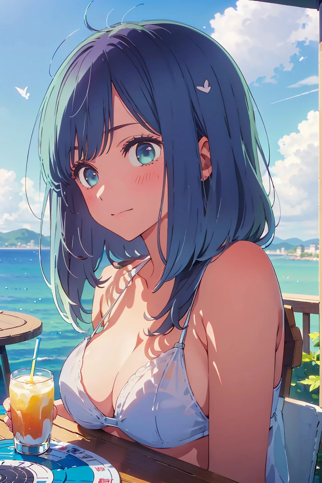 Highest quality,8k,detailed,F cup bust、Big Breasts、Slim and beautiful arms、Slim body、Very white beautiful skin、((((1 person、smile、Thin white bikini、smile、sit、In the background are the urban buildings of Tokyo、Outdoor café terrace、Drink juice、Cheek resting on hand、coastal、table、looking at the camera、Shooting from an angle、Very cute face、Shooting from a distance))))、Very blue sky、A completely cloudless sky、She tilted her head slightly、The atmosphere is bright and lively、The woman is at the center of the image。