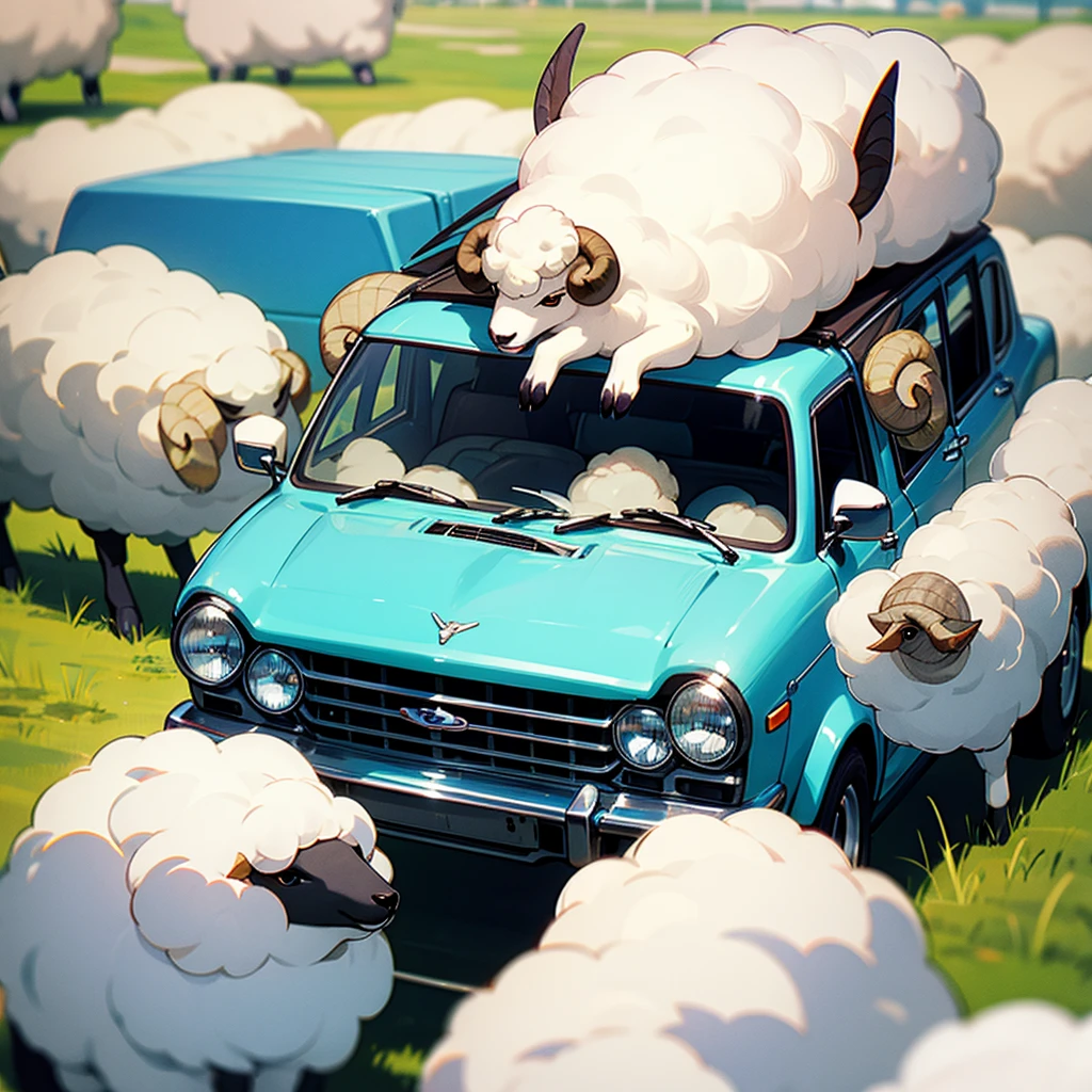 sheep driving a car