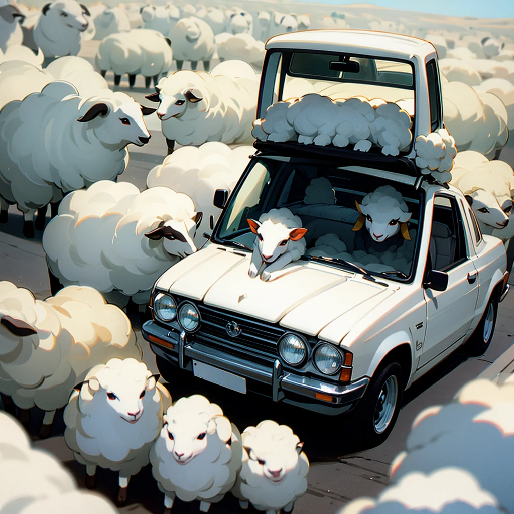sheep driving a car