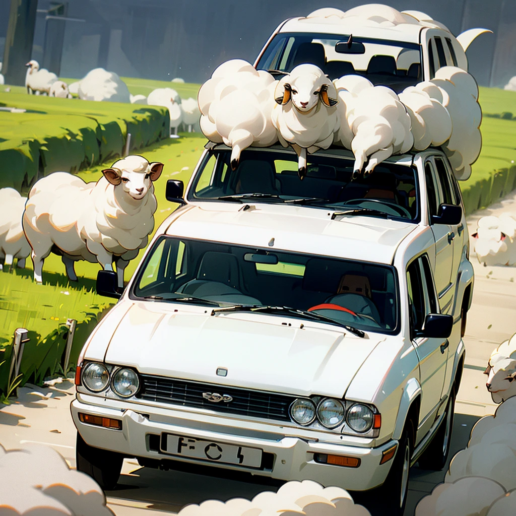 sheep driving a car