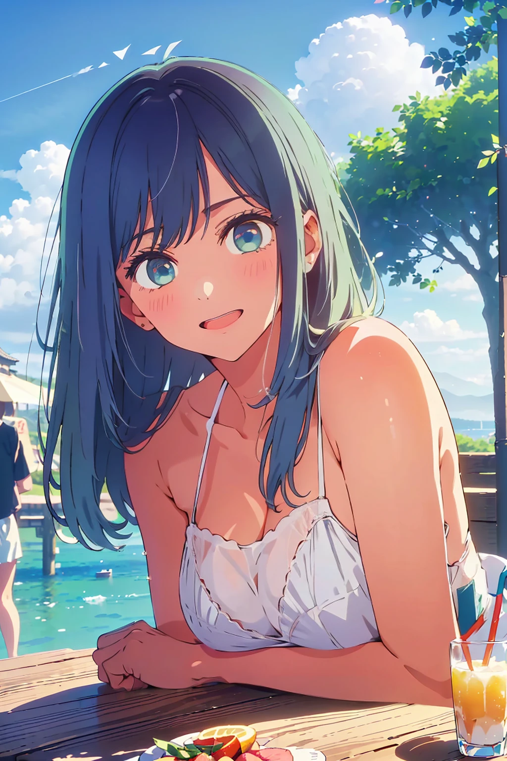 Highest quality,8k,detailed,F cup bust、Big Breasts、Slim and beautiful arms、Slim body、Very white beautiful skin、((((1 person、smile、Thin white bikini、smile、sit、In the background are the urban buildings of Tokyo、Outdoor café terrace、Drink juice、Cheek resting on hand、coastal、table、looking at the camera、Shooting from an angle、Very cute face、Shooting from a distance))))、Very blue sky、A completely cloudless sky、She tilted her head slightly、The atmosphere is bright and lively、The woman is at the center of the image。