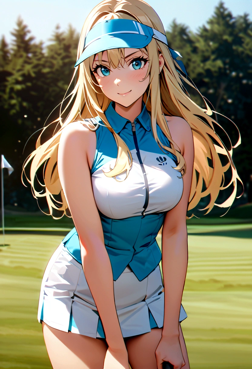 sound high resolution 8k beauty Woman playing golf Golf course Beautiful woman Blonde aggressive Winning spirit Namaiki Golf Wear mini skirt smile looking at the camera nice shot No sleeve Sun visor long hair