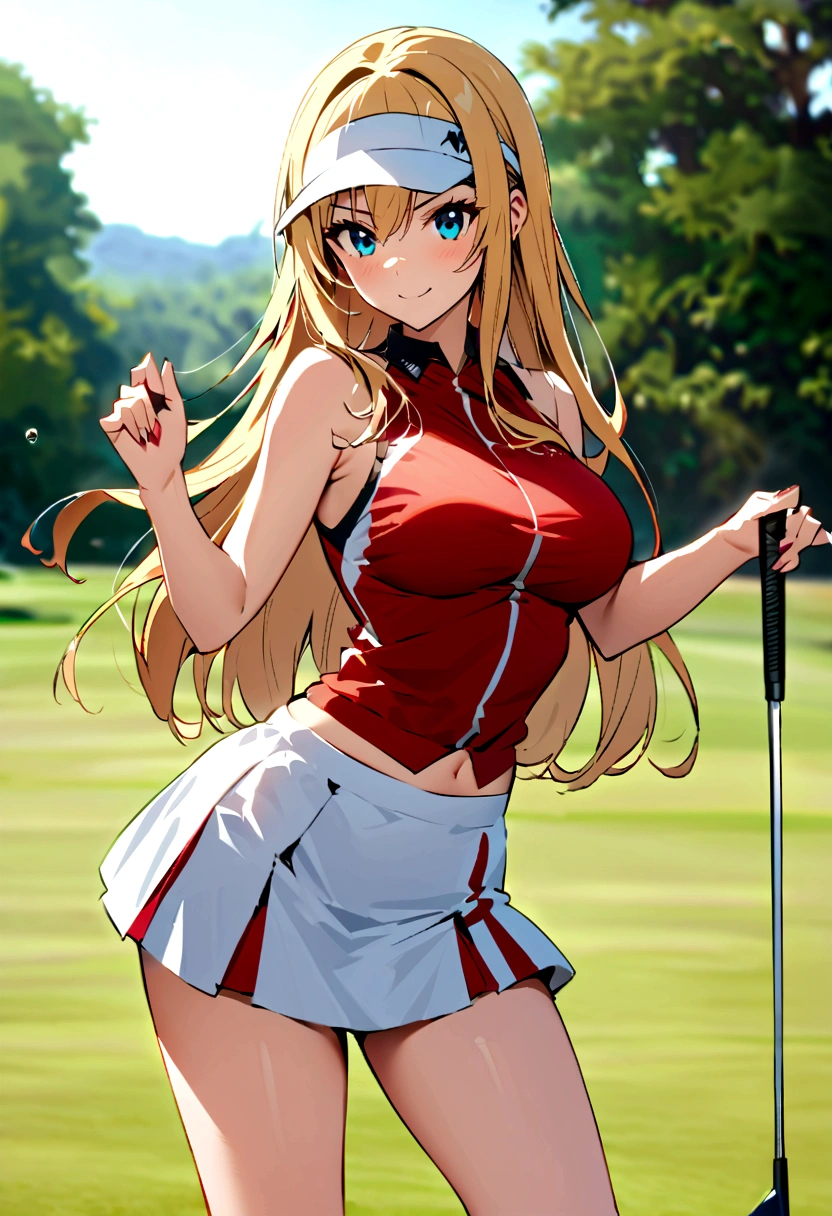 sound　high resolution　8k beauty　Woman playing golf　Golf course　Beautiful woman　Blonde　aggressive　Winning spirit　Namaiki　Golf Wear　mini skirt　smile　　looking at the camera　nice shot　No sleeve　Sun visor　long hair