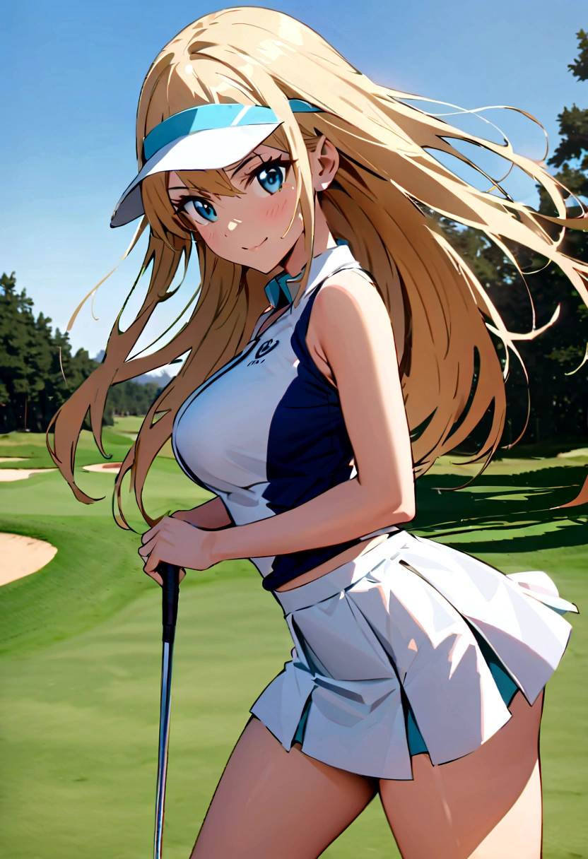 sound high resolution 8k beauty Woman playing golf Golf course Beautiful woman Blonde aggressive Winning spirit Namaiki Golf Wear mini skirt smile looking at the camera nice shot No sleeve Sun visor long hair