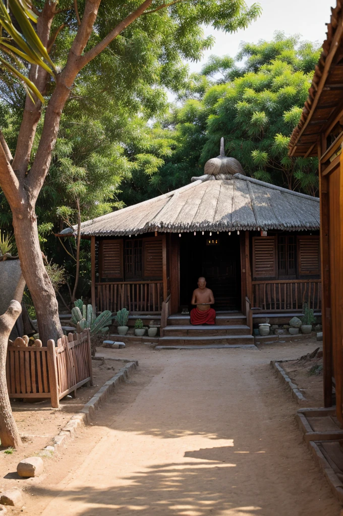 Buddha entering in an village with our students. The Village simple huts and cactus paths