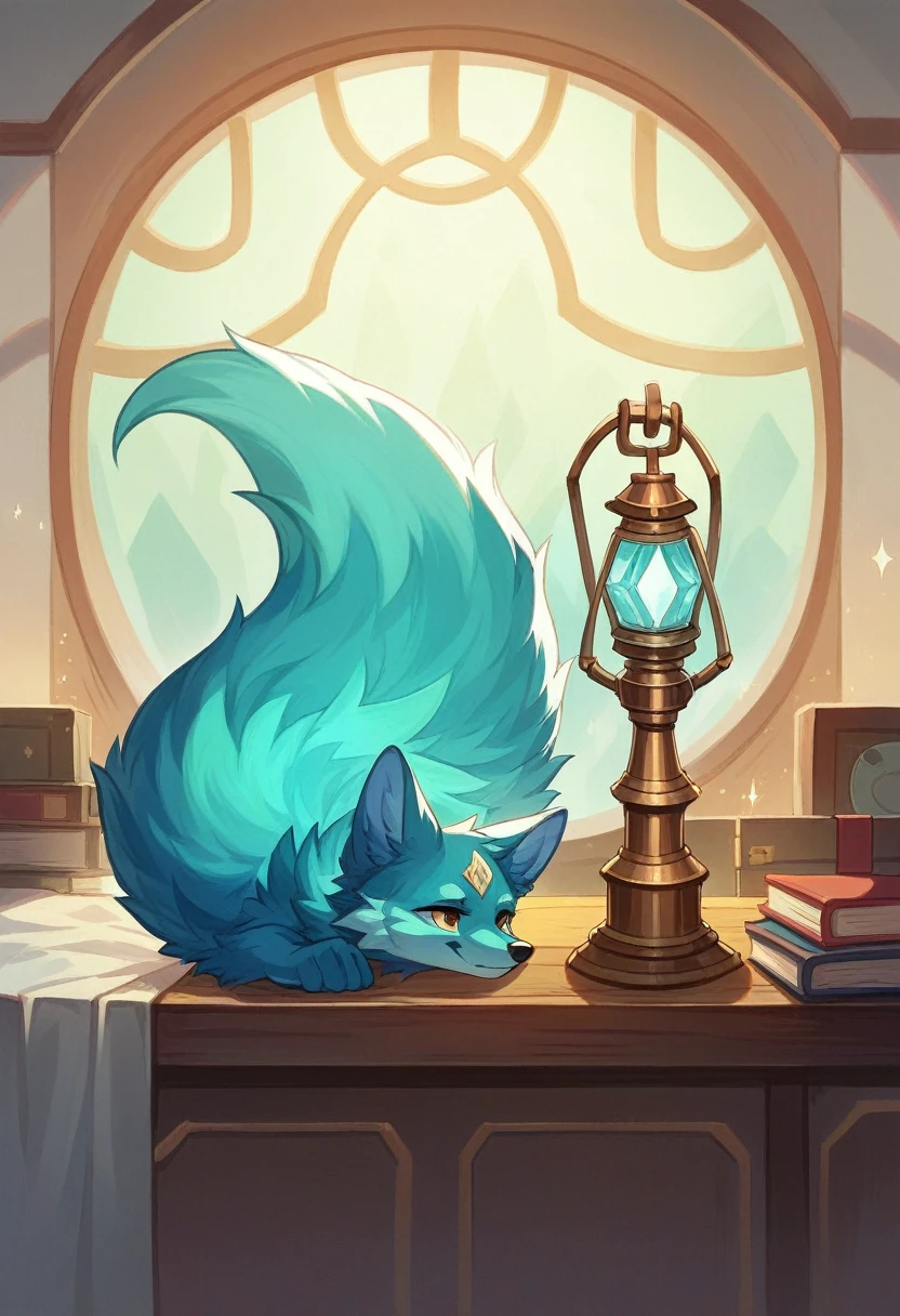 This lamp is made of transparent crystal material that has blue and purple sparkles, showing its magical properties. It resembles an antique lantern with intricate ornaments surrounding the body. Inside, there is a gently pulsating light, as if it has a life of its own. This light changes color from soft blue to brilliant gold when activated, reflecting the soul and life energy of its owner. The lamp handle is made of pure gold with a carved nine-tailed fox.