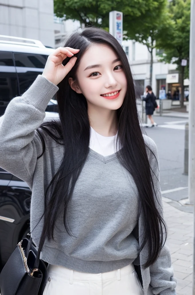 22-year-old girl, with gray eyes, pale white skin, slim figure, smiling, black hair, fashionable, photo taken with an ultra-realistic professional camera, she is in a great urban place
