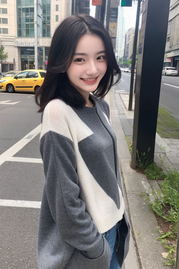 22-year-old girl, with gray eyes, pale white skin, slim figure, smiling, black hair, fashionable, photo taken with an ultra-realistic professional camera, she is in a great urban place
