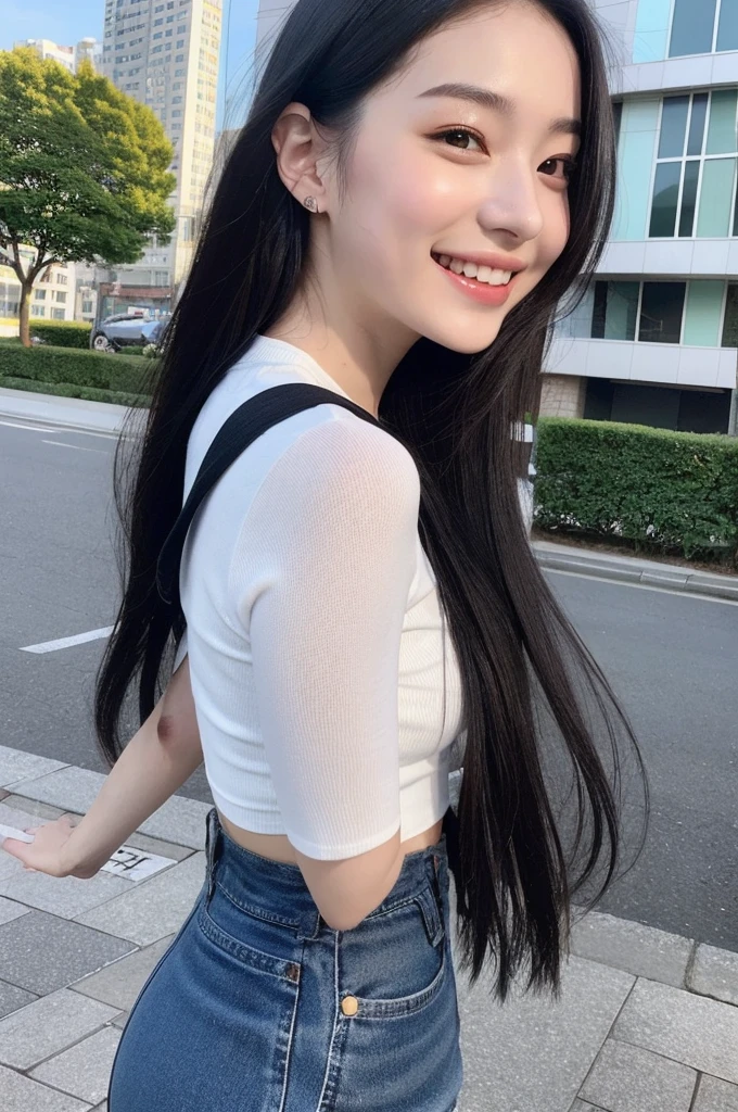 22-year-old girl, with gray eyes, pale white skin, slim figure, smiling, black hair, fashionable, photo taken with an ultra-realistic professional camera, she is in a great urban place