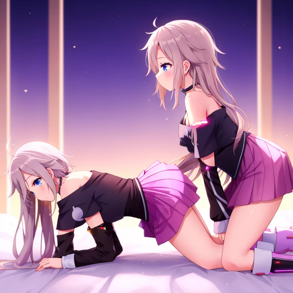 one girl, IA, vocaloid, skirt, black shirt, off shoulder, choker, beautiful, boots, all fours, from side