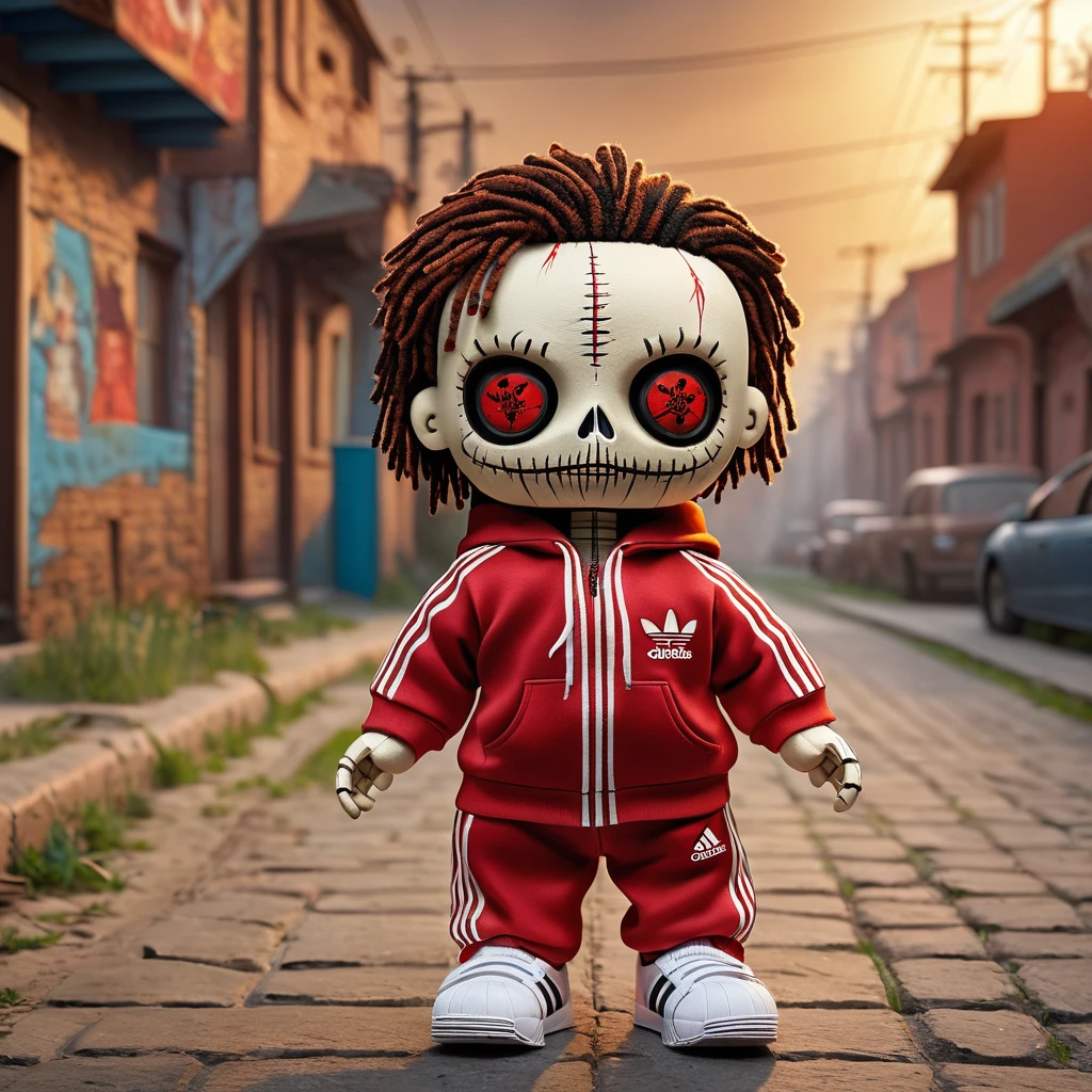 (knitted toy voodoo doll:1.7), (Voodoo Relaxing with Headphones:1.3), (Clothing: hoodie and sweatpants, sneakers:1.0), (Accessories: headphones, smartphone, music player:1.2), (background: urban street with graffiti walls, park benches, and people walking by:1.2),  best quality, masterpiece, detailed soft oil painting, detailed background, dramatic cinematic lighting, soft edge lighting, professional, dramatic lighting, hard edge lighting, ultra quality, 4k,masterpiece, best quality, 8k, ultra highres, highres, extremely detailed