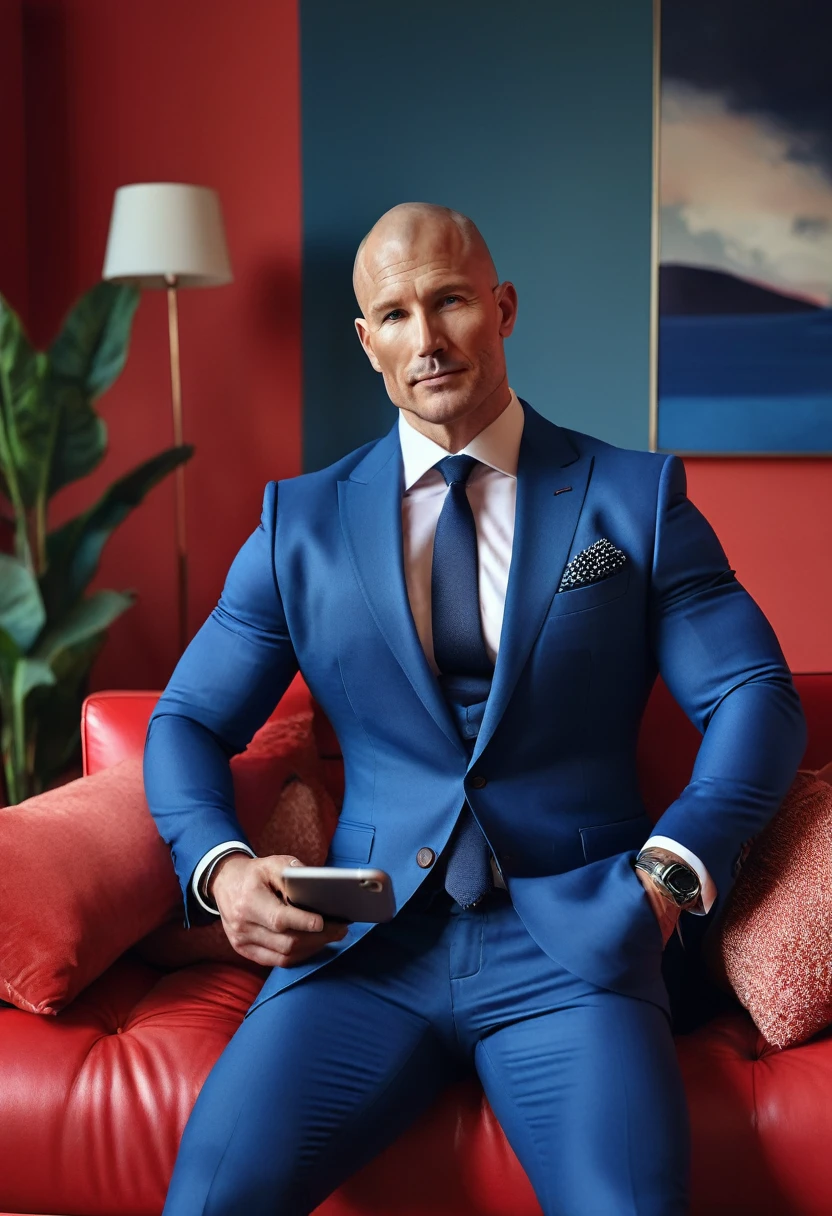 iphone pro , extremely beautiful model, 40 years old sexy muscular man, scandinave, shaved head, realistic, seins gaies, clivage, haut court, soutiens gorges, dressed with a smart blue suit sitting on a red couch in a modern room, hyper realistic, anatomical correct