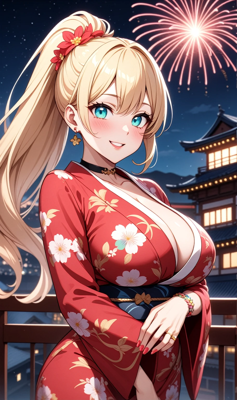 One personの女性)), Beautiful Face,Laughing embarrassedly,((Wink:1.3)),Laugh with your mouth wide open,((Bright red cheeks:1.4)),Glossy pink lips,night,rooftop,Festive decorations,You can see the ocean, firework,Glossy pink lips,Lighting on the face,((Anime style background)),masterpiece, Highest quality, so beautiful, Latest, Complex details, (Pink long nails),(ring),(flower bracelet),Floral choker,AI-generated, Complex,High resolution, Highest quality, super high quality,3D Images、View your viewers、3D Images,One person,Long blonde hair,High Ponytail,(Turquoise Eyes),Anime woman posing for a photo, (Fine grain,Colorful eyes,Shining Eyes:1.3),(Squint your eyes:1.1),a hyperRealistic , hyperRealistic , Realistic,Blonde anime woman with long hair, Smooth anime CG art, A woman in a colorful kimono with gold embroidery, (Pink long sleeve kimono),Red floral pattern,Long flower hair ornament,Large floral earrings,(ring),(Big Breasts:1.1),Mature Body,Tall,Big Ass,Narrow waist,Abdominal muscles,(Zoom in on face:1.5),Shooting from below at an angle