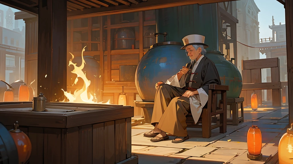 A Chinese old man immortal is refining pills in the Heavenly Court next to the alchemy furnace