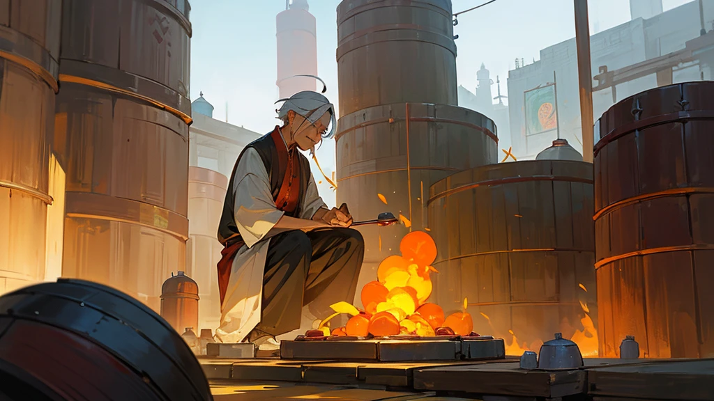 A Chinese old man immortal is refining pills in the Heavenly Court next to the alchemy furnace