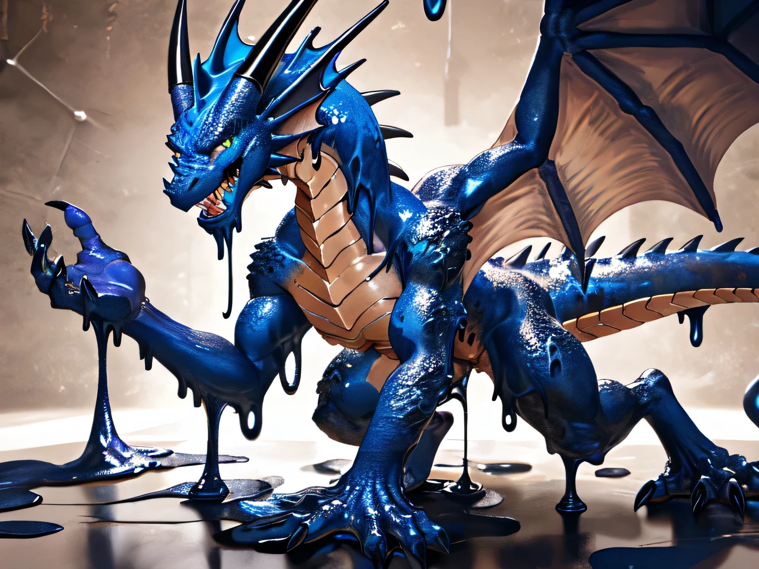 Female, digitigrade, anthro dragon, (tail), (mid transformation:1.4), looking at viewer, showing off teeth, (human), 3d, explicit content, natural breasts, high resolution, goo
