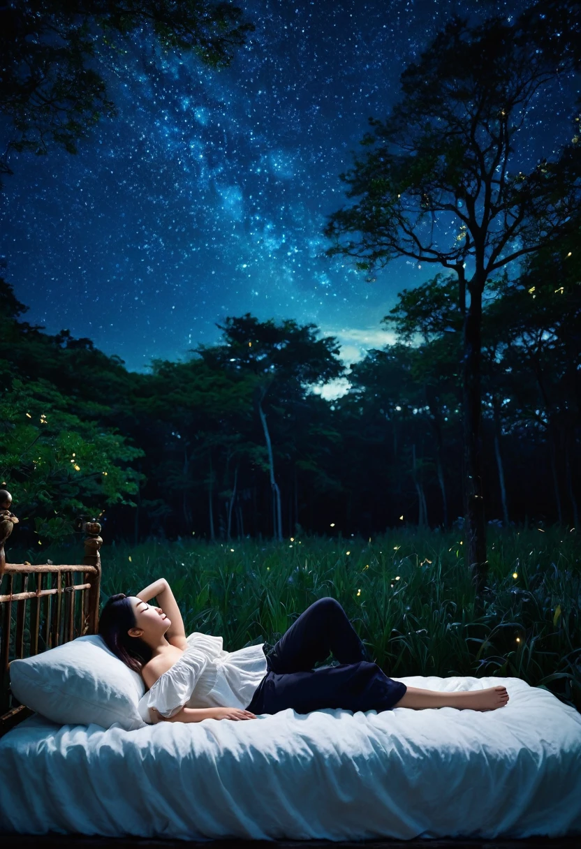 In the dense forest、背の高い暗いwood々A quiet night scene where the trees form a natural canopy。In the foreground、A young woman with long dark hair is sleeping peacefully on a white mattress、The mattress blends in with the forest floor。She is wearing a loose white off-the-shoulder blouse and black pants.、Sleeping on your side with your hands clasped gently next to your face。The scene is illuminated by the soft and mysterious light of countless fireflies and butterflies floating around her.、It casts a magical light on the environment.。wood々The dark blue sky with scattered stars visible through the canopy of the、It enhances the fantastic atmosphere.。The overall mood is tranquil and dreamy.。