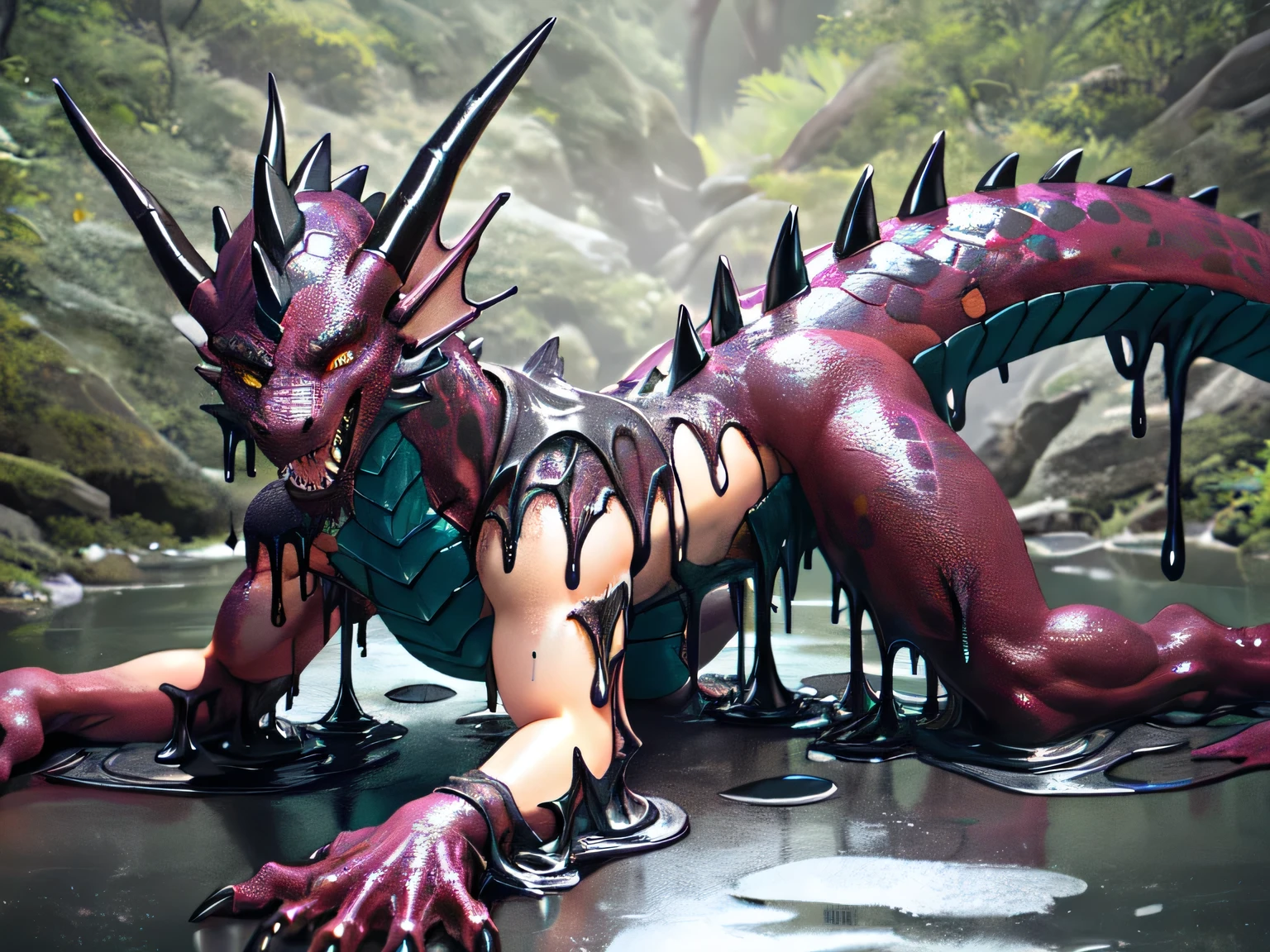 Female, digitigrade, anthro dragon, (tail), (mid transformation:1.4), looking at viewer, showing off teeth, (human), 3d, explicit content, natural breasts, high resolution, goo