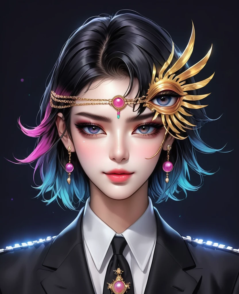 (Digital Illustration，Detailed anime style，Heavy Metal Cyberpunk，Pearl tassel eye mask，Girl wearing eye mask，Queen aura，out a hand，Solitary，symmetry)，(Big colorful eyes，Fashionable and exquisite facial features，Exquisite makeup，Smooth skin，Smile，Soulful gaze，)，(Hair Bunch)，(Black suit，Epaulettes-Chain，cool，)，(((Correct human anatomy)))，Radioactive geometric dynamic light wave background