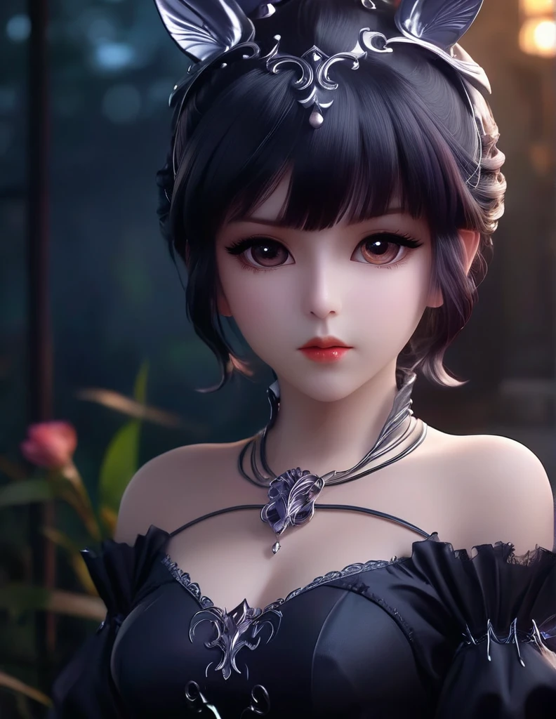 quality(8k wallpaper of extremely detailed CG unit, masterpiece, hight resolution, top-quality, top-quality real texture skin,hyper realisitic, digitial painting,increase the resolution,RAW photos,best qualtiy,highly detailed,the wallpaper),BREAK,8K, Chibi, Kuromi, (highest quality, Tabletop:1.2, 超A high resolution, Realistic:1.5), RAW Photos, One Girl, Off the shoulder, In the Dark, Deep Shadow, Low light, Cool Tones, Captivating Gaze, short hair, Foggy atmosphere, Mysterious atmosphere, Subtle highlights, Dramatic contrast, Graceful pose, Intense emotions, Heavenly beauty, enchanting darkness, Captivating Expressions