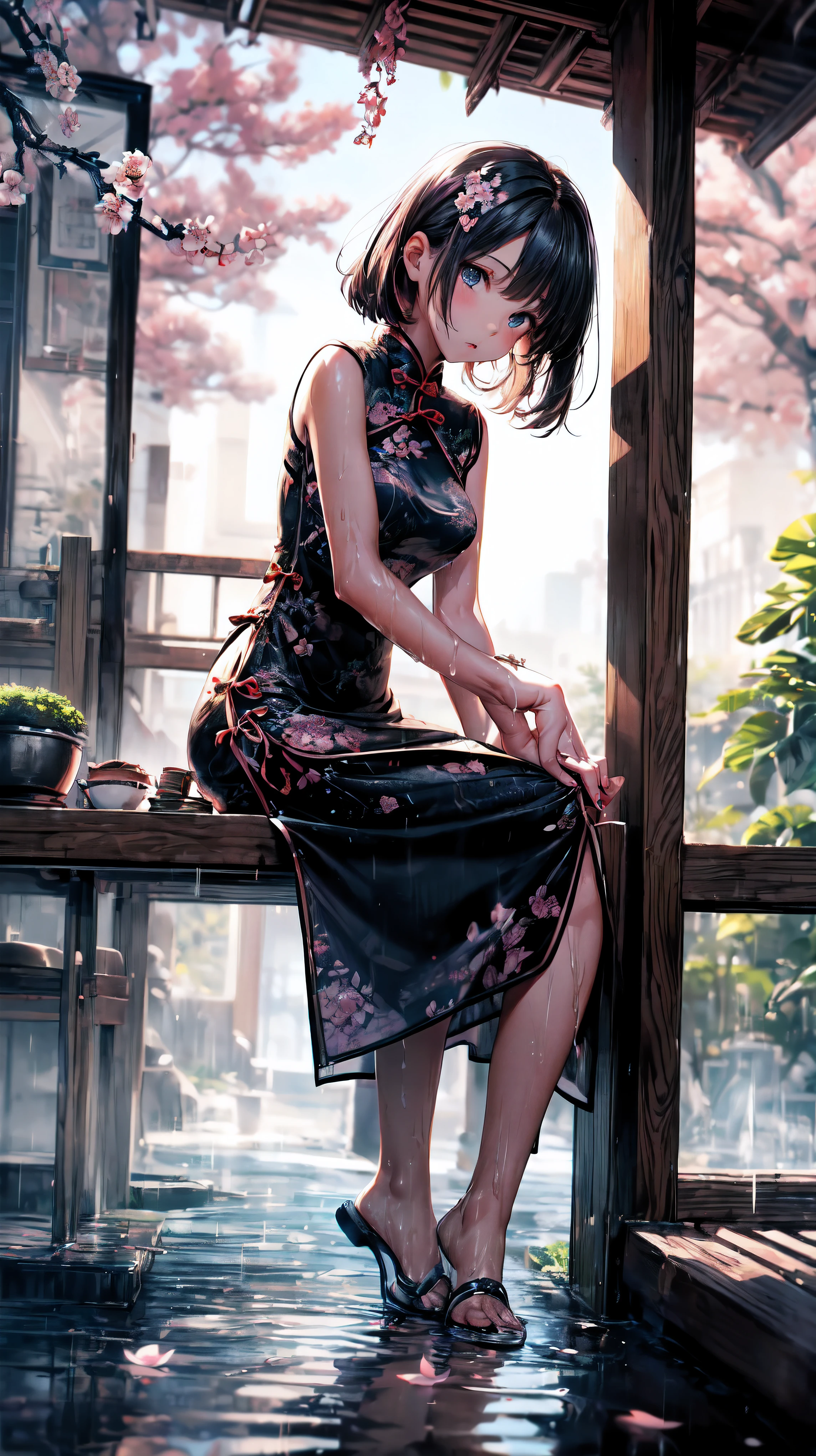 (full body), (A 7-year-old girl:1.2), (very young little girl), loli, (Solo), (small breast), (wide angle), raw photo, Aesthetic, Convoluted, Awarded, chiaroscuro, Best Quality, Detailed background, (Misty atmosphere:1.2), (hard rainy day:1.1),((Girl in black cotton cheongsam:1.2)), large black cotton cheongsam, long black cheongsam with a cotton texture, very long black cheongsam, best wrinkles, real wrinkles, best shadows, (wet, wet body, wet hair, wet skin, very wet black cheongsam, reflection on the wet cheongsam, delicate cherry blossom embroidery, subtle water droplets:1.15), (water spray:1.1), (Cloth cheongsam, best cheongsam wrinkle, Transparent mucus wrapping), (Walk through the (Mist dark Zen Garden)), (Real location), Delicate and beautiful eyes, Casual pose, Detailed textures, Posing, (Anatomically correct body, detailed face, (very detailed textures cheongsam with floral pattern), (black hair), Voluminous hair, Hair Ornament, vivid colors, calm expression, look at viewer, peaceful scenery, clean and fresh feeling, Beautiful and detailed water