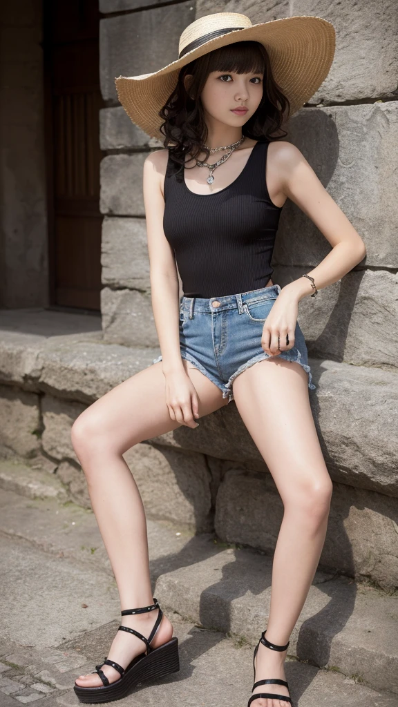 (highest quality, Very detailed, masterpiece:1.2), 1 female, very thin body, Long, slender legs, ((Black wavy Short Hair:1.2)), ((Thick and fluffy bangs)), Very detailedな顔,faint smile, Small, thin nose, small thin mouth, Extremely sharply focused eyes, Japanese, Beautiful Face, Realistic eyes, Beautiful and beautiful eyes, Realistic Skin, Beautiful Skin, charm, (A vivid face), Beautiful Hairstyles,(Ribbed Swimsuit, denim shorts, sun hat, espadrilles),,((panty pull)), Gothic design, Accessories include leather items and studs., Chains are important, Creepy and unique hairstyles, high resolution, Vibrant color palette, Mysterious and strange stone wall, Amazing place, Tim Burton signature dark shadows and strange details,