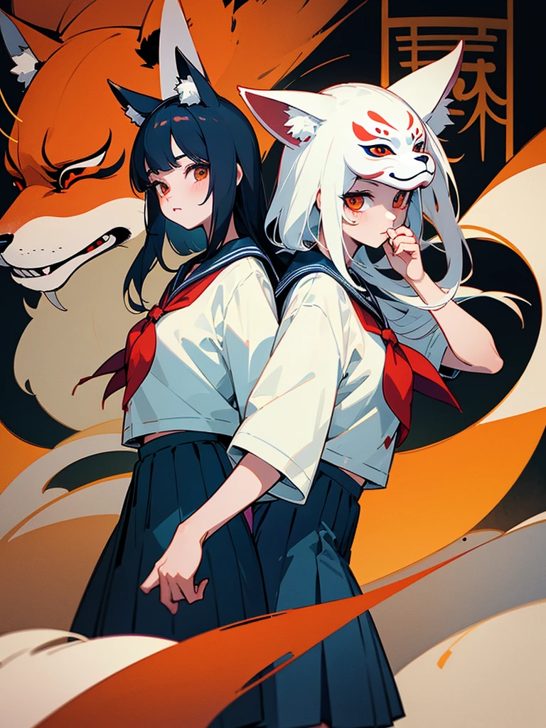 Two girls. One is wearing a Japanese-style fox mask. The other is wearing a Japanese-style demon mask. One is wearing a sailor uniform. A slightly horror-like illustration. A teasing composition. Illustration from the knees up.
