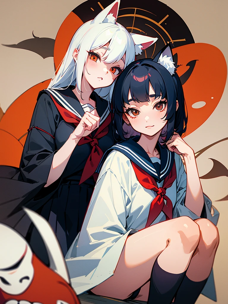 Two girls. One is wearing a Japanese-style fox mask. The other is wearing a Japanese-style demon mask. One is wearing a sailor uniform. A slightly horror-like illustration. A teasing composition. Illustration from the knees up.