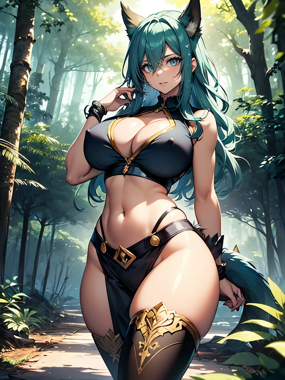 ((Seductive Anime Girl:1.3, solo:1.5))、((fusion of animal and girl:1.3))、((animal tail))、((fantasy world:1.3))、((Glossy realistic skin texture))、((Being in forest:1.3)), ((erect nipples:1.2))、((dynamism posing:1.3))、((open clothes:1.2))、((crop top navel:1.2))、((huge breasts:1.3))、((huge hip:1.3))、((highleg:1.3))、((wedgie:1.2))、((cleavage:1.2))、ultra-detailliert, hiquality, Top image quality, digitial illustration, Smooth texture、shiny skin、((sleeveless:1.2))、Sharp Focus