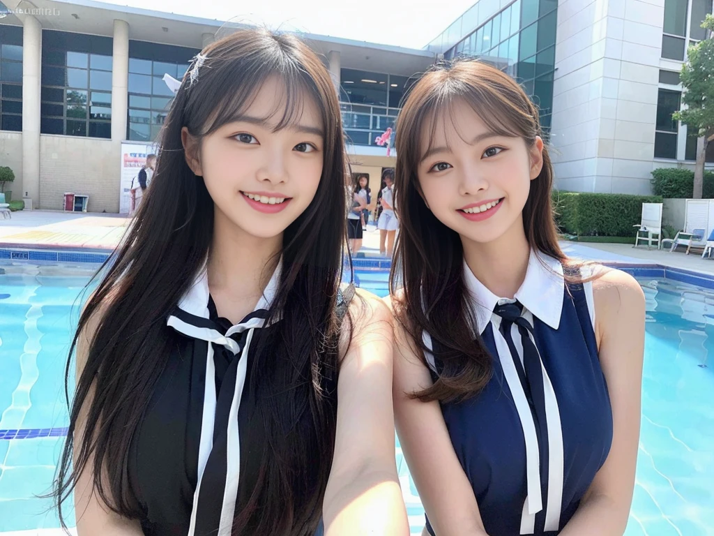 (Two super cute Korean high school girls take a photo together 1.2)(To laugh out loud:1.2)(Beautiful Sweat:1.1)(16k, RAW Photos, Highest quality, masterpiece: 1.2),(Mr.々Beautiful blonde with a stylish hairstyle:1.2) Super detailed, Super Resolution, (Genuine, Genuine photos: 1.37), Portraiture, High-resolution RAW color photos, Professional photos, Very detailed, 8k wallpaper, Very detailed CG Unity 8k wallpaper, Very detailed beautiful girls, Very detailed faces, ((whole body)), beautiful woman, Huge breasts,(huge boobs:1.1) (Big Boobs:1.1), Beauty college student (A tight, girly sleeveless  with ribbons),high school girl, Korean Girls,(K-POP Female Idols), (Idol-class beauty)(Beautiful high school girl:1.1)(School swimming pool)(18-year-old)(Stylish school uniform-style outfit for summer:1.1)(Group photo:1.2)(Splash:1.1)