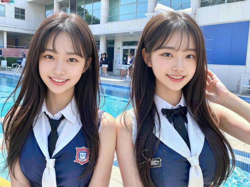 (Two super cute Korean high school girls take a photo together 1.2)(To laugh out loud:1.2)(Beautiful Sweat:1.1)(16k, RAW Photos, Highest quality, masterpiece: 1.2),(Mr.々Beautiful blonde with a stylish hairstyle:1.2) Super detailed, Super Resolution, (Genuine, Genuine photos: 1.37), Portraiture, High-resolution RAW color photos, Professional photos, Very detailed, 8k wallpaper, Very detailed CG Unity 8k wallpaper, Very detailed beautiful girls, Very detailed faces, ((whole body)), beautiful woman, Huge breasts,(huge boobs:1.1) (Big Boobs:1.1), Beauty college student (A tight, girly sleeveless  with ribbons),high school girl, Korean Girls,(K-POP Female Idols), (Idol-class beauty)(Beautiful high school girl:1.1)(School swimming pool)(18-year-old)(Stylish school uniform-style outfit for summer:1.1)(Group photo:1.2)(Splash:1.1)